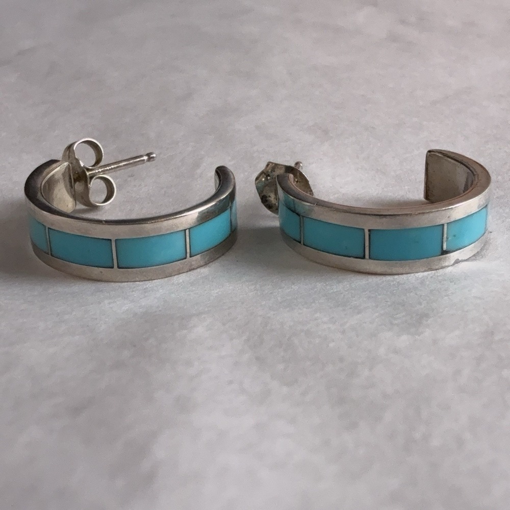 Sterling Silver Turquoise Inlay Hoop Earrings Blue Stone 925 Small Post Hoops